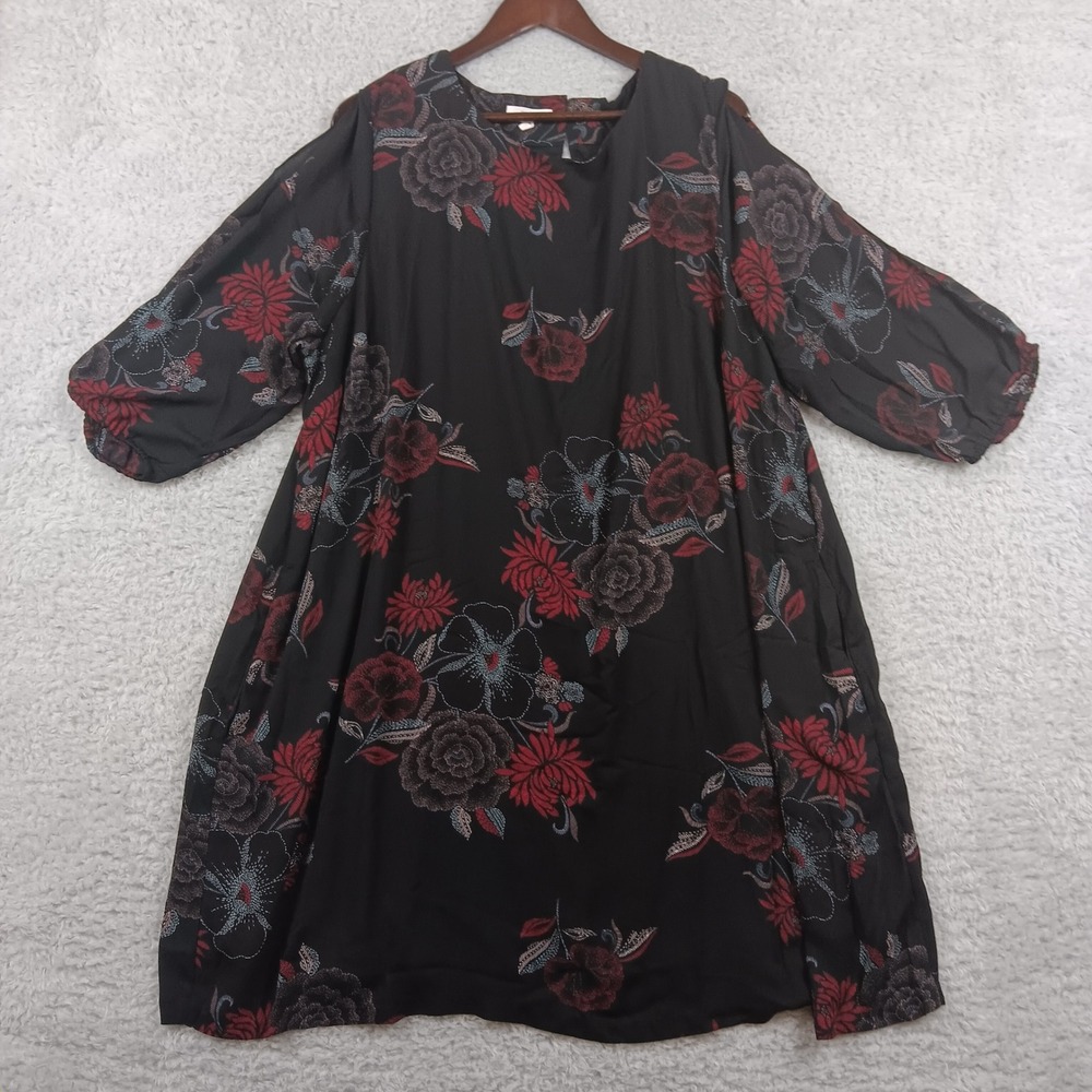 Maurices Shift Dress 3 Black Red Floral Cold Shoulder 3/4 Sleeve Lined‎ Boho